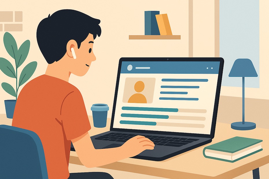 Student attending an online course from a laptop in a study room using a digital learning platform interfac
