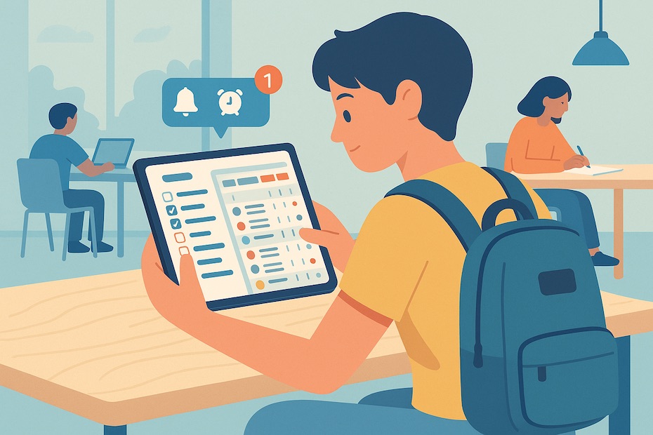 A student using a digital time management app on a tablet to plan study time and classes
