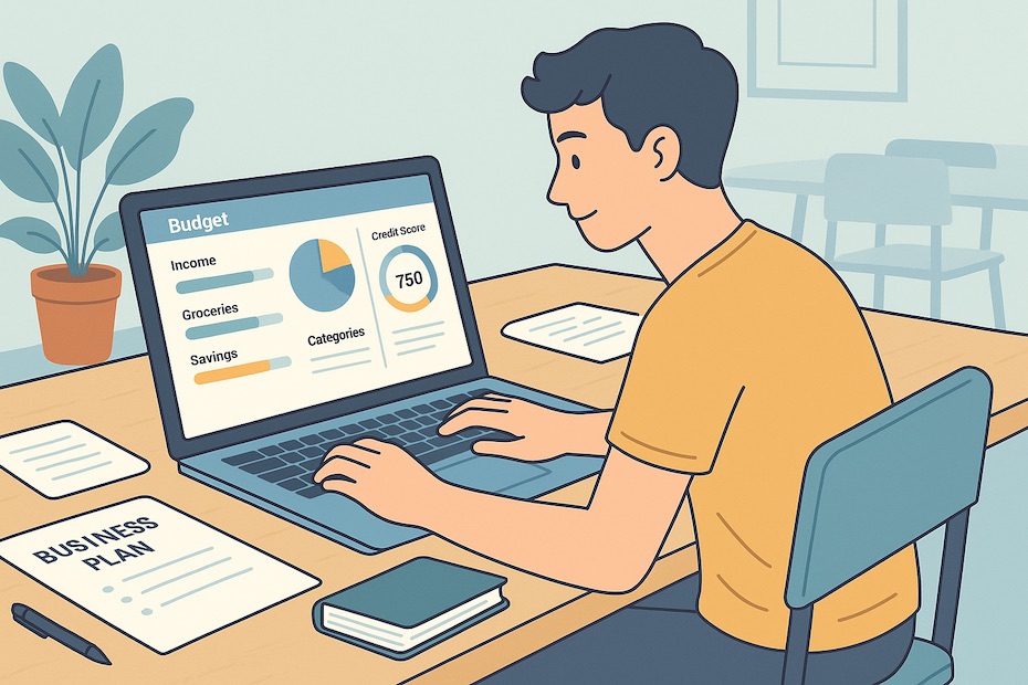 Student entrepreneur managing finances using laptop-based budgeting tools
