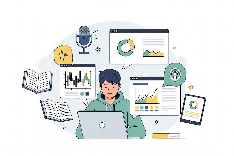 An entrepreneur surrounded by laptops, books, and dashboards.