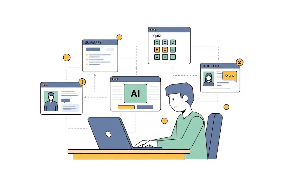 A student surrounded by AI dashboards, flashcards, and study tools.