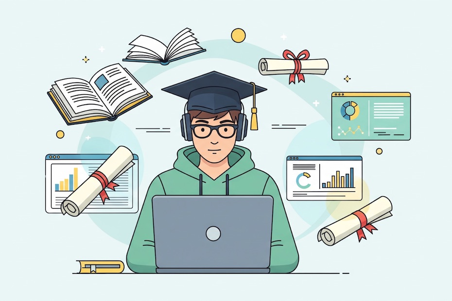 A college student using a laptop surrounded by digital dashboards for online learning platforms.