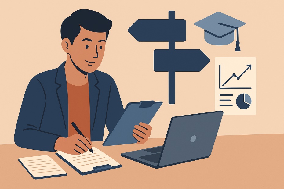 A confident young professional planning their career path with laptop, notebook, and charts symbolizing alternative education and success.