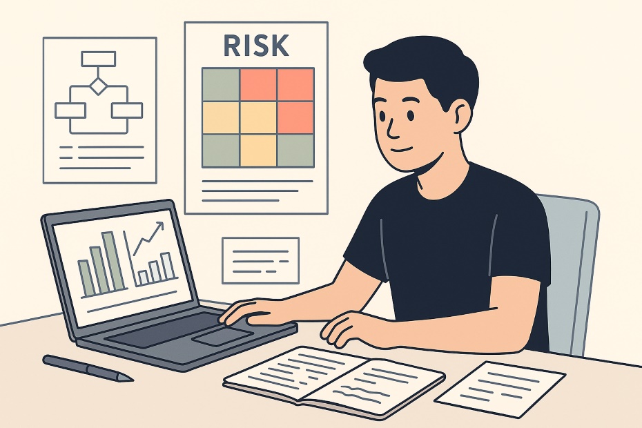 A student managing project risks using a laptop with charts, notes, and planning tools representing structured risk management.