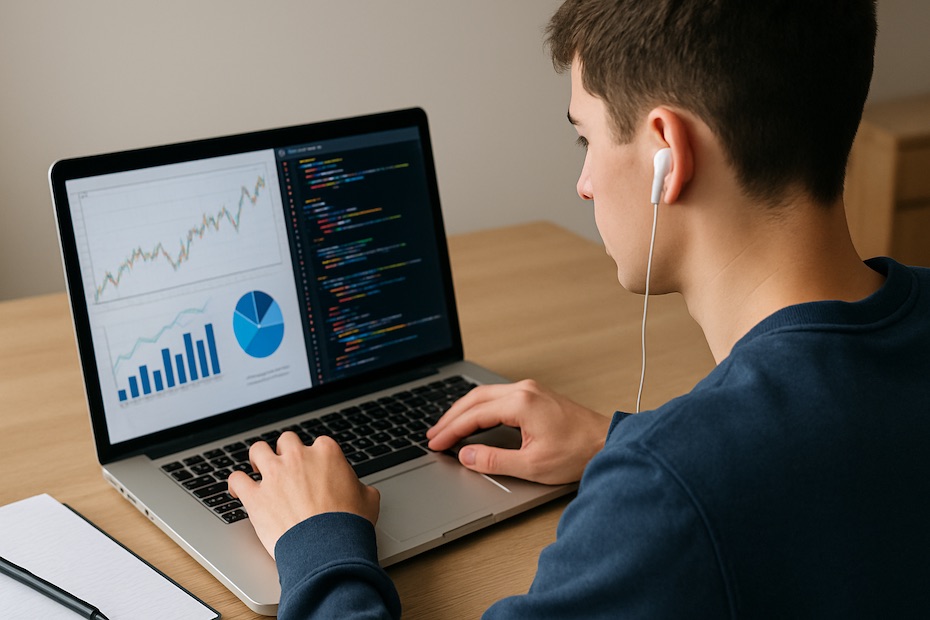 A student using a laptop with financial charts and coding elements on screen.
