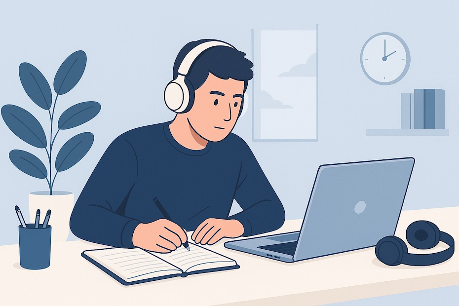 A student studying online with a laptop, notebook, and headphones in a focused and organized workspace.