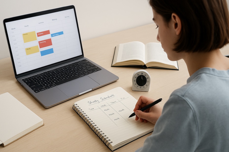 A focused student planning their study schedule with a laptop, notebook, and timer on a tidy desk.
