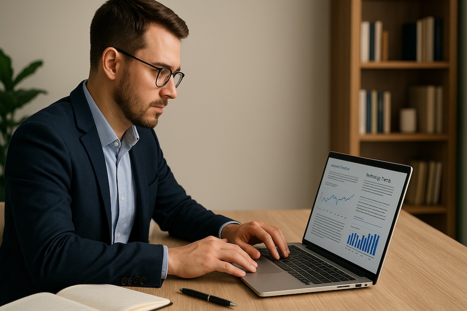 Professional learner studying finance and technology on a laptop