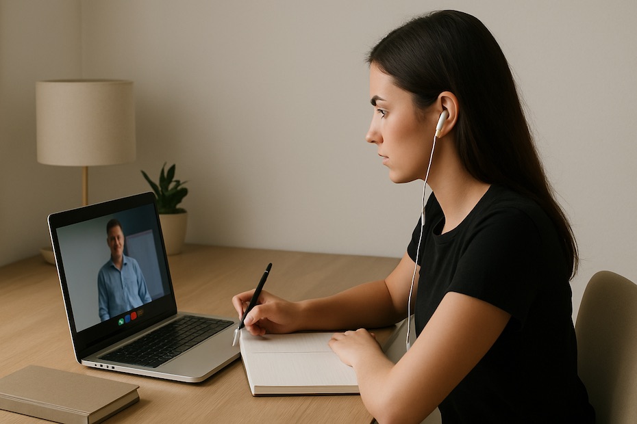 Student focused on a virtual class using a laptop in a quiet workspace