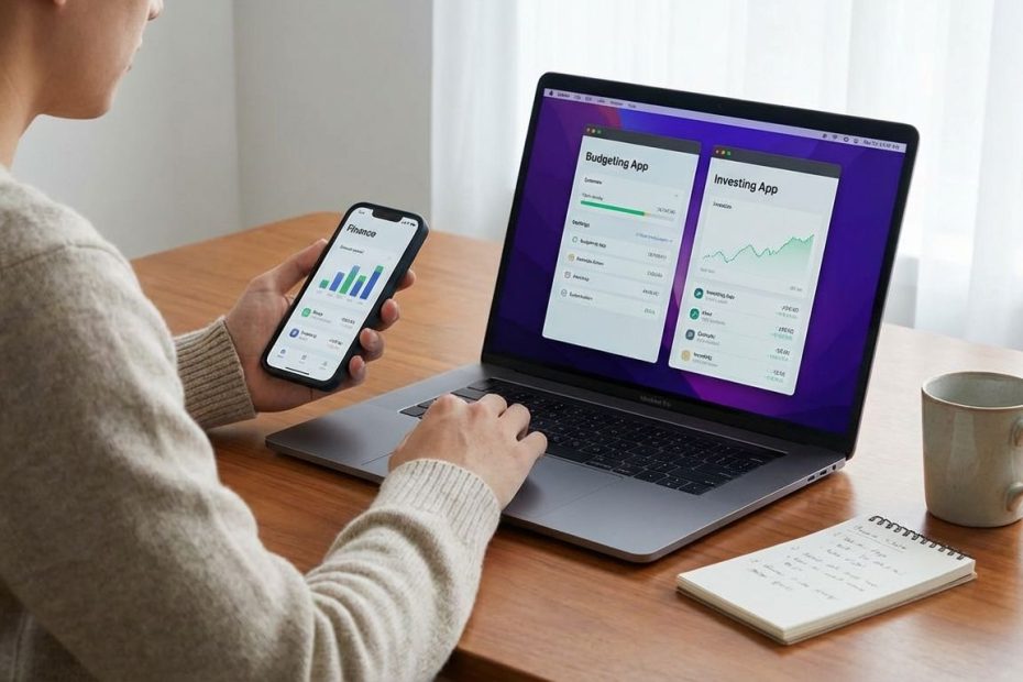 College student using a laptop and phone to budget and track bills on finance platforms.