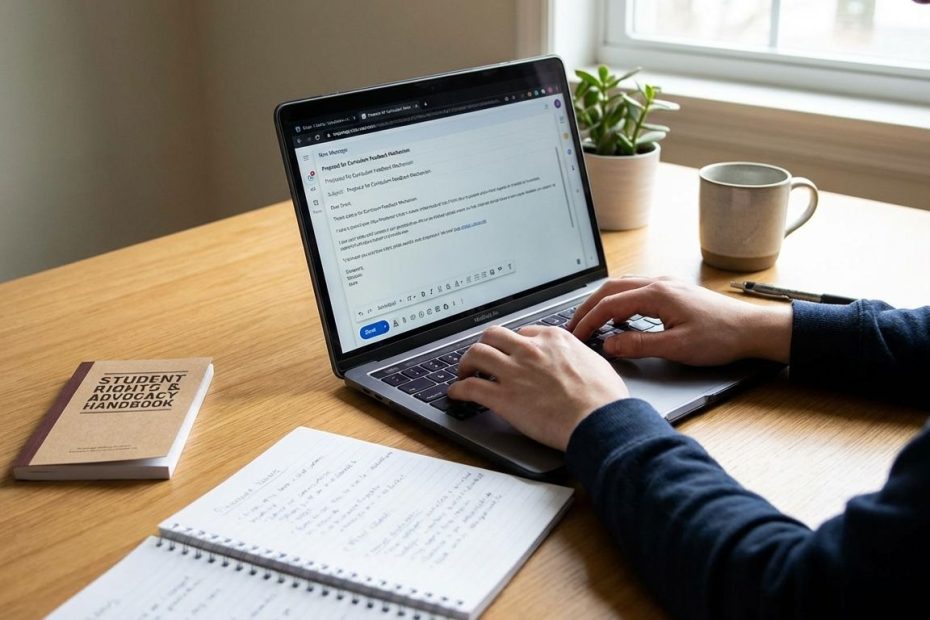 High school student writing an email to school administration about a classroom issue, with notes and a school handbook open