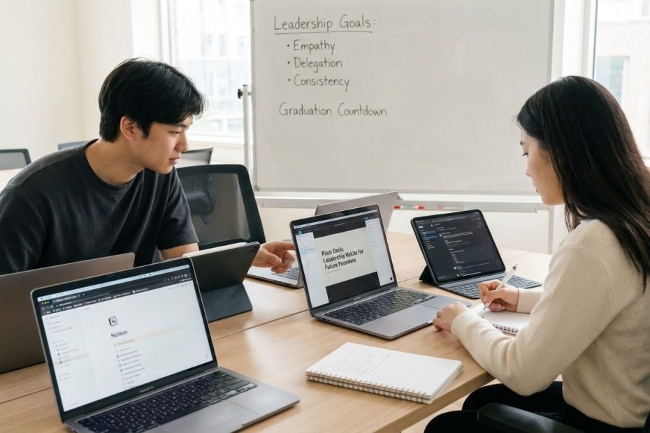 Student founder reviewing Notion, Figma, GitHub, and a pitch deck on a laptop with a teammate nearby.