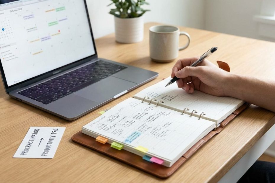 Student using a planner and laptop to practice student time management and stop procrastinating