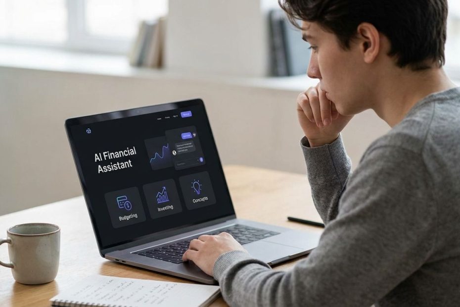 Student using AI finance tools on a laptop to learn budgeting and investing