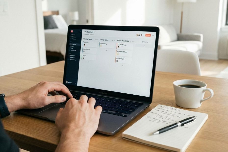 Student founder working on a laptop and phone while using productivity apps to manage startup tasks and class schedule