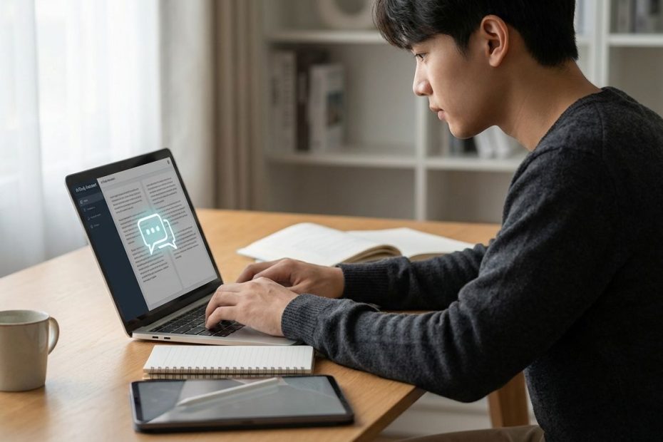 Student using AI tools on a laptop while reviewing notes for schoolwork at a desk