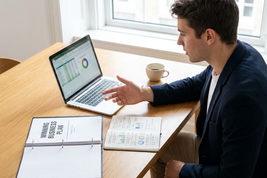 Student writing a business plan on a laptop with notes and charts at a desk