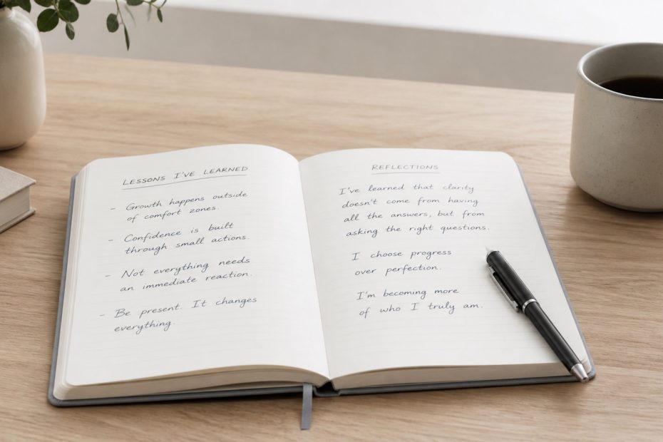 A clean professional desk with an open journal, handwritten reflection notes, and soft natural light, representing personal reflection examples for growth and self-awareness.