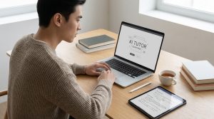 Student using an AI tutor on a laptop to review notes, answer practice questions, and study smarter