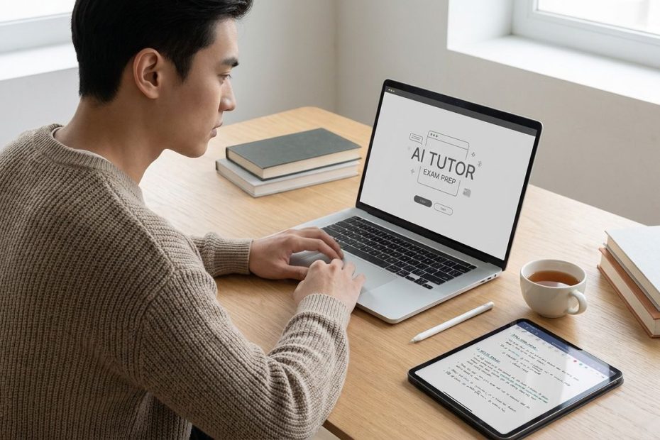 Student using an AI tutor on a laptop to review notes, answer practice questions, and study smarter