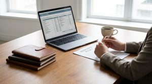 Self-employed professional reviewing bills, taxes, and business expenses at a desk
