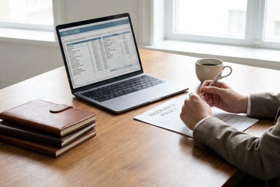 Self-employed professional reviewing bills, taxes, and business expenses at a desk