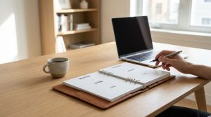 A college student studying with a laptop and planner while balancing school and part-time work