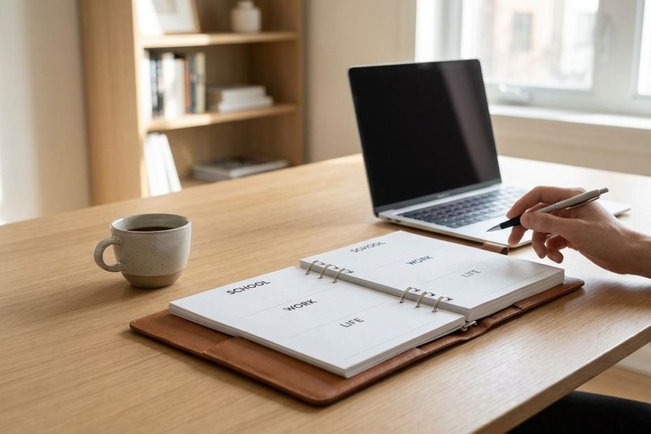 A college student studying with a laptop and planner while balancing school and part-time work