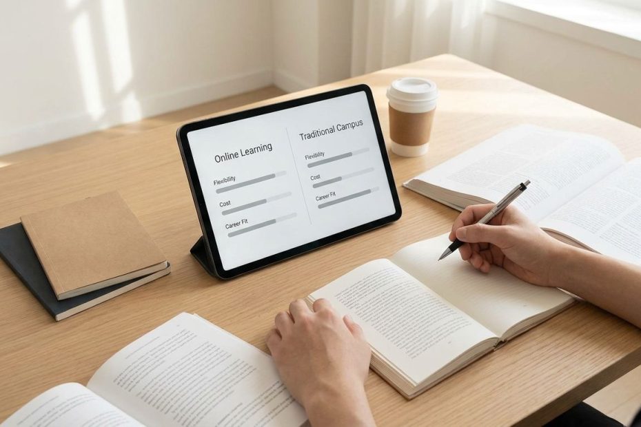 Student comparing online degree and traditional college options on a laptop and campus brochure